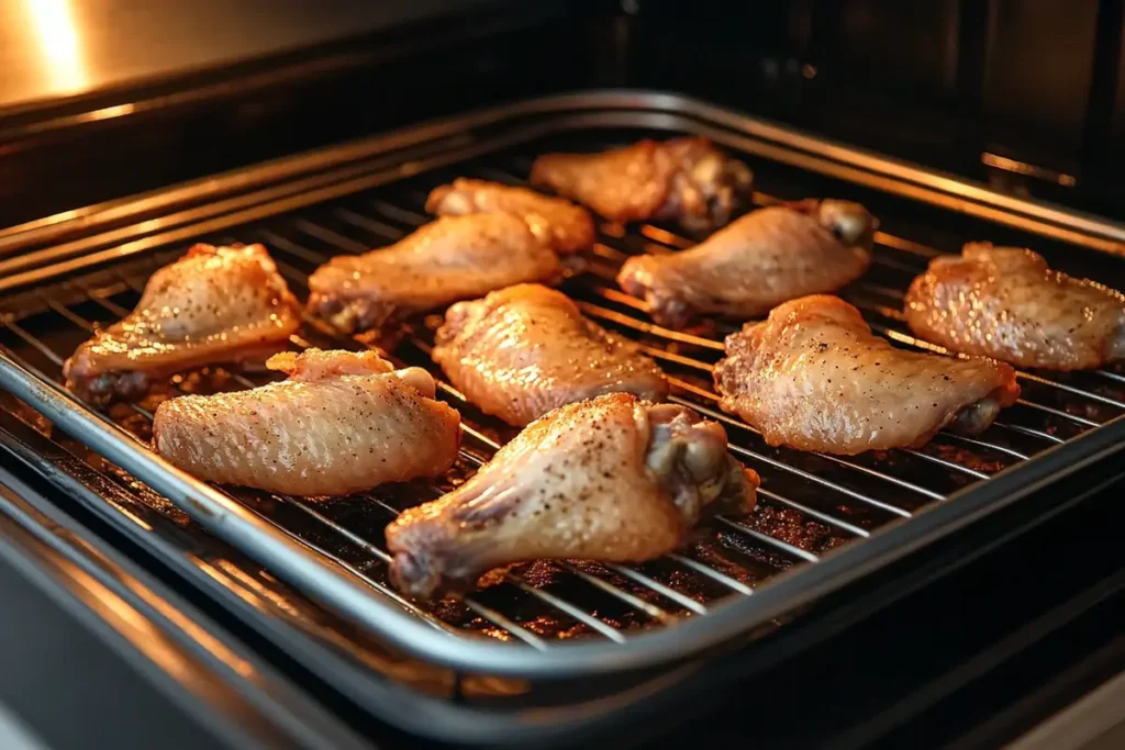 Chicken wings baking on a wire rack in the oven, perfect for lemon pepper sauce.