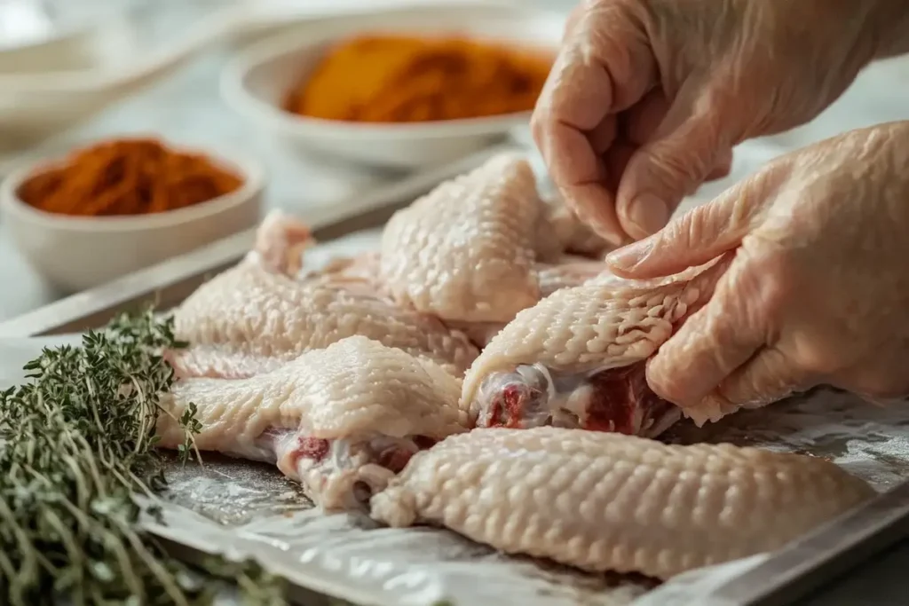 Close-up of fresh turkey wings being cleaned and patted dry, a key step for smothered turkey wings preparation