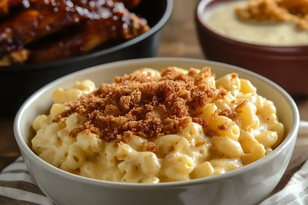 A bowl of creamy macaroni and cheese with a crispy breadcrumb topping, paired perfectly with smothered turkey wings for a comforting Southern meal.