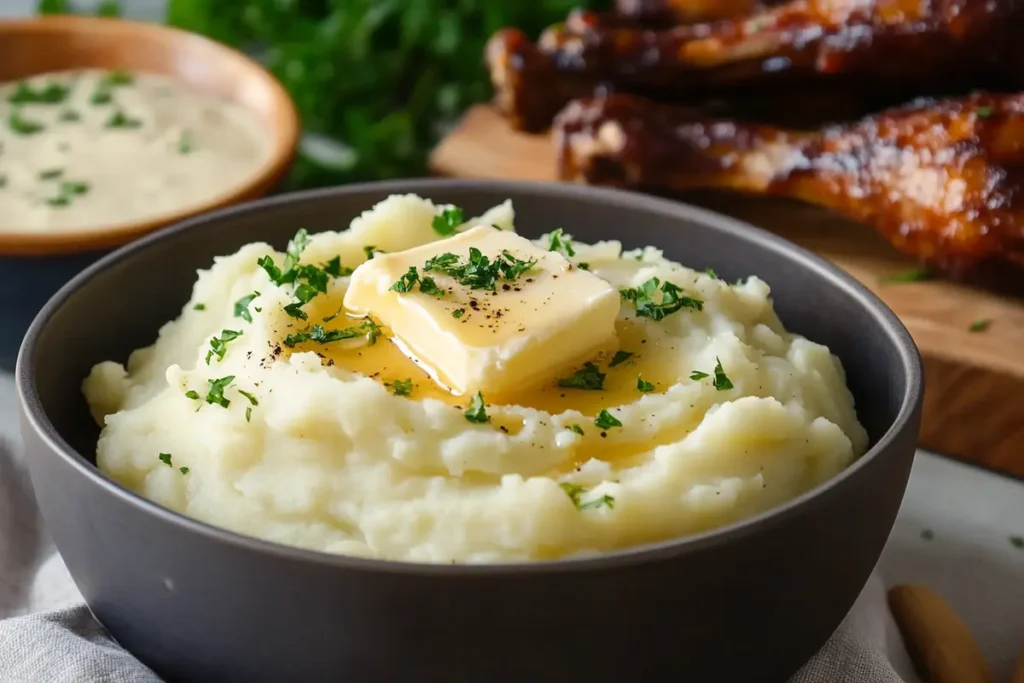 Creamy mashed potatoes with melting butter, paired with smothered turkey wings for a delicious Southern feast.