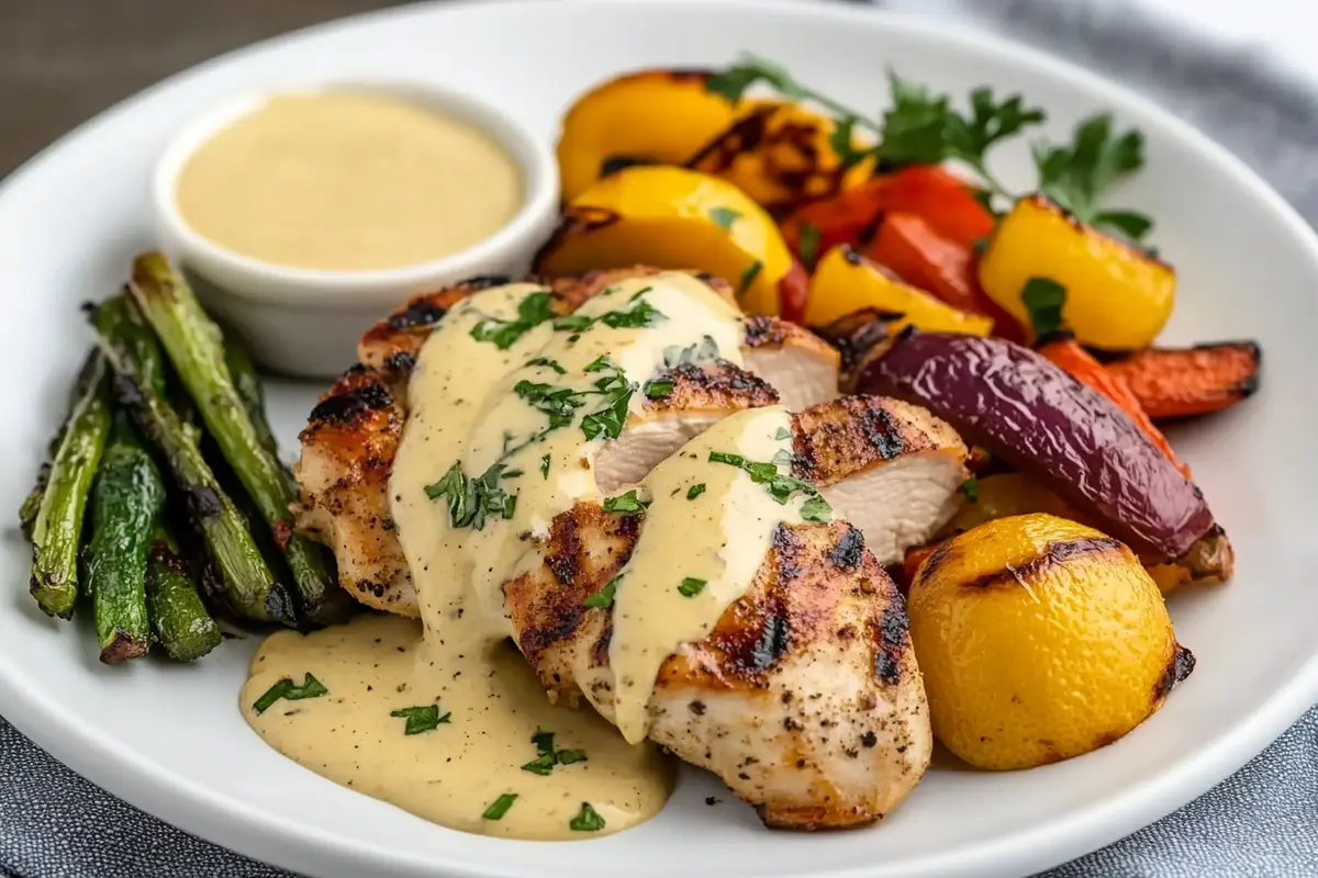 A plate of grilled chicken with roasted vegetables, topped with homemade lemon pepper sauce, highlighting the tangy citrus and peppery flavors