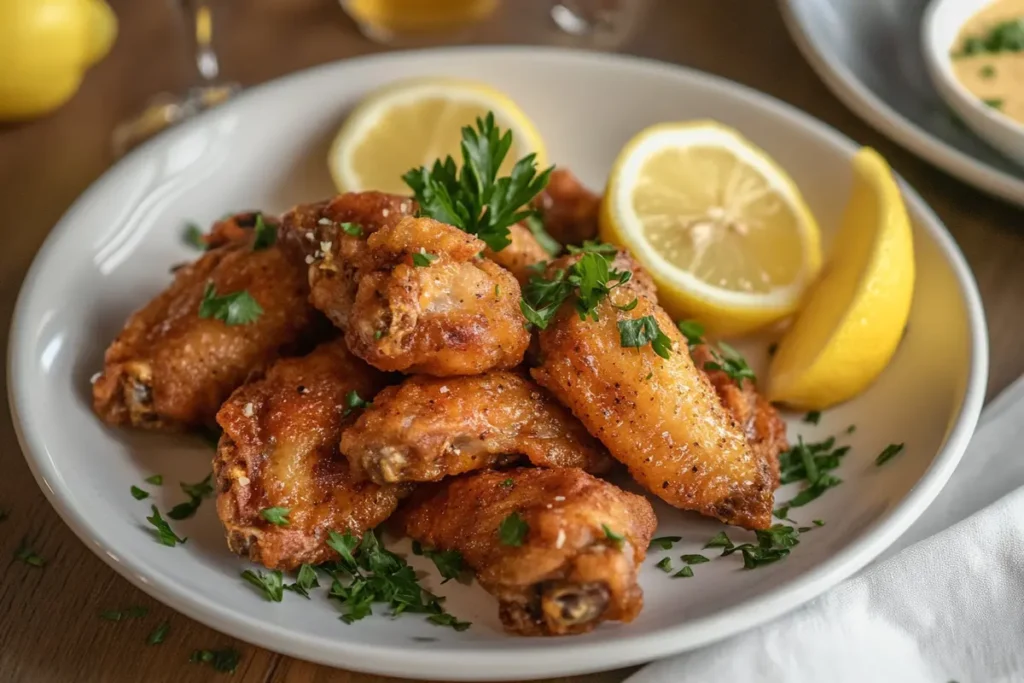 Crispy chicken wings coated in lemon pepper sauce, garnished with fresh parsley and lemon slices