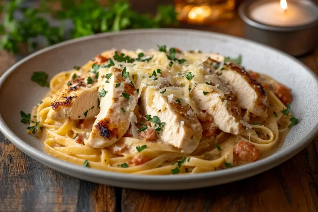 Plated Marry Me Chicken Pasta featuring tender chicken slices, creamy Parmesan sauce, and perfectly cooked pasta, garnished with fresh parsley and grated cheese, presented on a rustic wooden table.