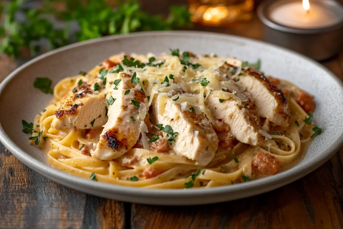 Plated Marry Me Chicken Pasta featuring tender chicken slices, creamy Parmesan sauce, and perfectly cooked pasta, garnished with fresh parsley and grated cheese, presented on a rustic wooden table.