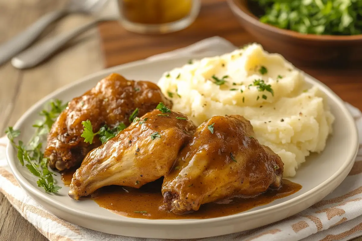 A plate of smothered turkey wings in savory gravy, served with creamy mashed potatoes and garnished with fresh parsley.