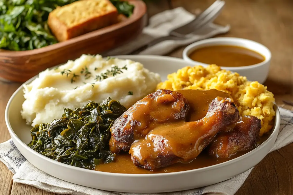 A hearty Southern meal with smothered turkey wings, mashed potatoes, collard greens, and cornbread, all drizzled with rich gravy.