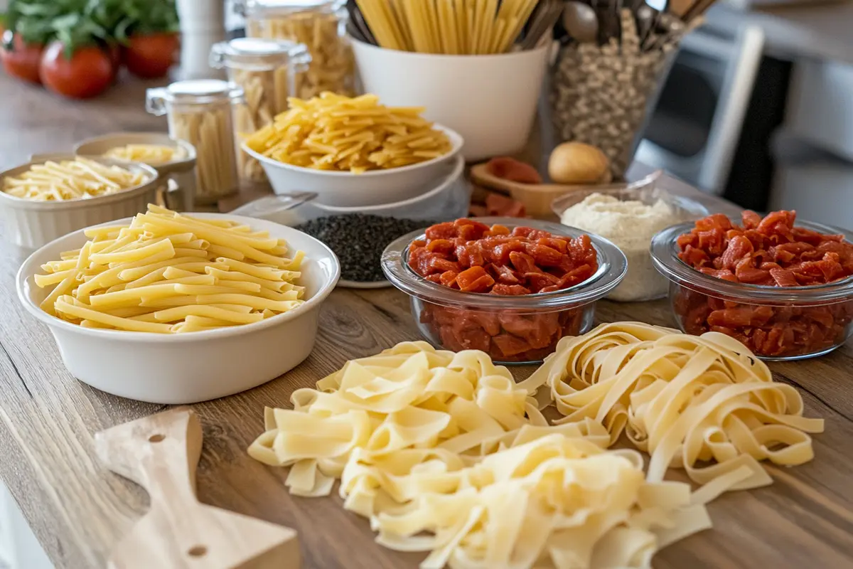 A kitchen setting with uncooked pasta varieties to decide what pasta to serve with Marry Me Chicken, including linguine, pappardelle, and penne