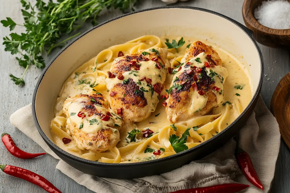 Marry Me Chicken served in a skillet with creamy sauce, garnished with fresh herbs and red pepper flakes, paired with fresh pasta on a rustic kitchen counter, surrounded by chili peppers, thyme sprigs, and a wooden bowl of salt.