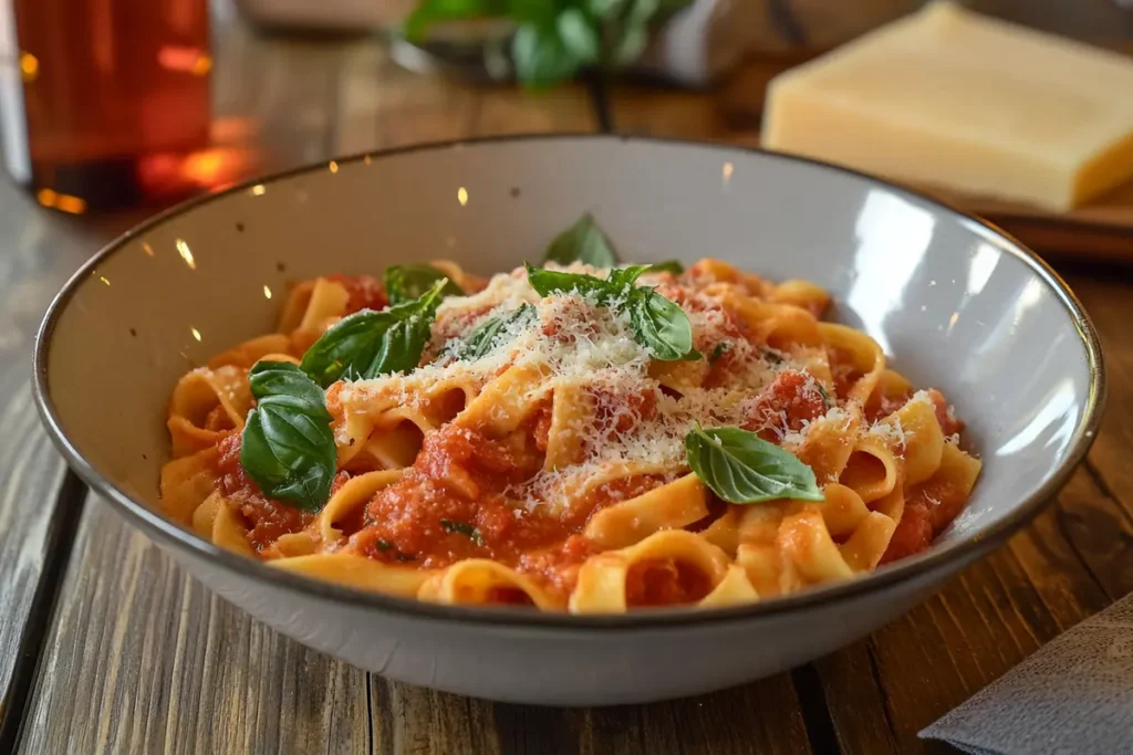 Marry Me Pasta served in a bowl with creamy tomato sauce, fresh basil, and Parmesan cheese on a rustic wooden table, creating the perfect ambiance for this irresistible dish.