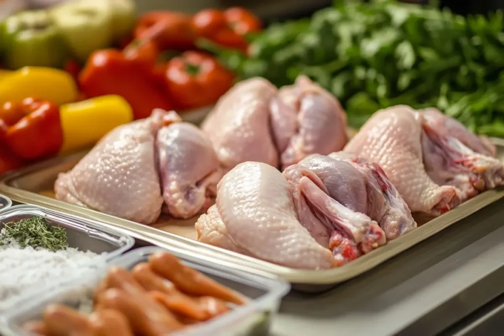 Fresh turkey wings arranged on a tray surrounded by vibrant vegetables, herbs, and spices, ready for meal preparation.