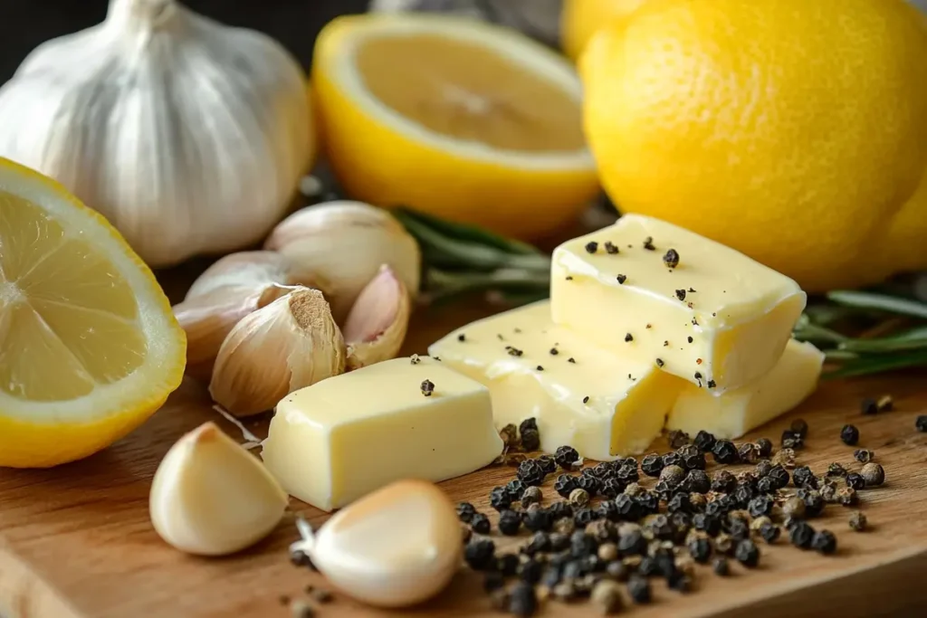 A close-up of fresh lemons, cracked black pepper, garlic, and butter, key ingredients for making homemade lemon pepper sauce