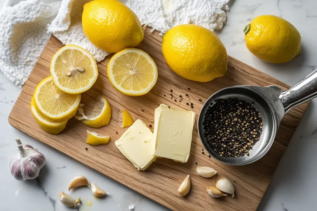 Fresh lemons, black pepper, butter, and garlic for making lemon pepper sauce for wings.