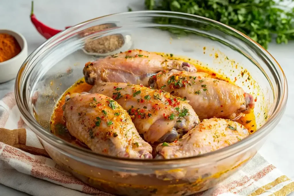 Fresh turkey wings marinating in a glass bowl with a vibrant spice blend for smothered turkey wings