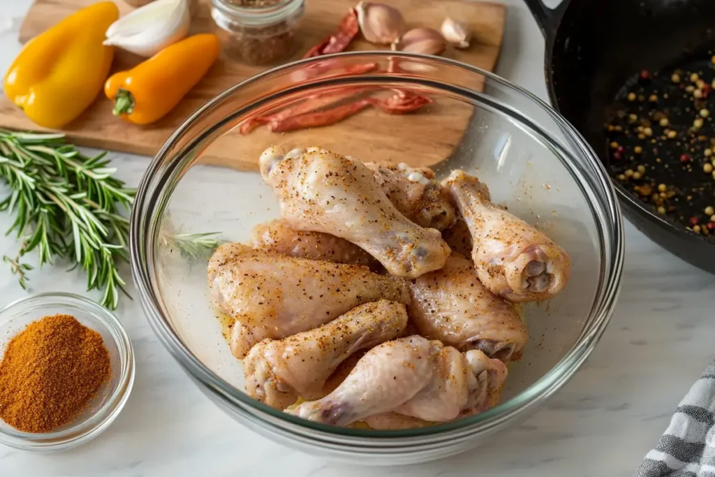 Turkey wings being seasoned and marinated in a glass bowl with spices and buttermilk, next to a skillet with browning ingredients