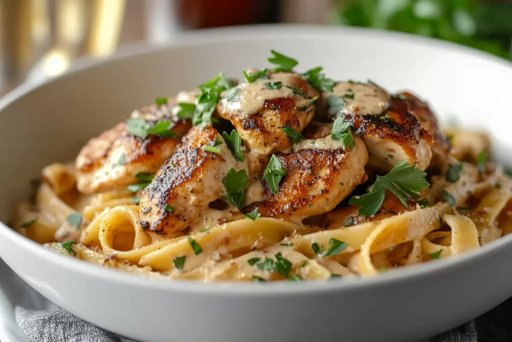 Marry Me Chicken Pasta served in a white bowl, featuring tender, golden-seared chicken on creamy fettuccine, garnished with fresh parsley.