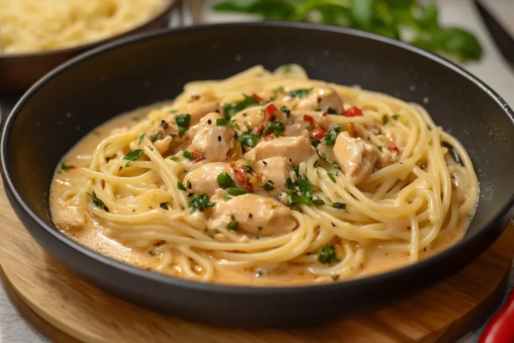 A bowl of creamy chicken pasta garnished with fresh parsley and red chili flakes, served in a black dish on a wooden board.