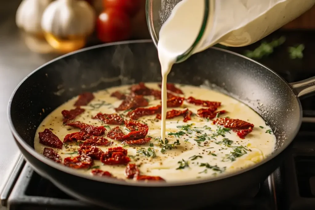 Marry Me Chicken sauce preparation showing cream being poured into a skillet with sun-dried tomatoes and herbs, highlighting the rich and flavorful base of the recipe.