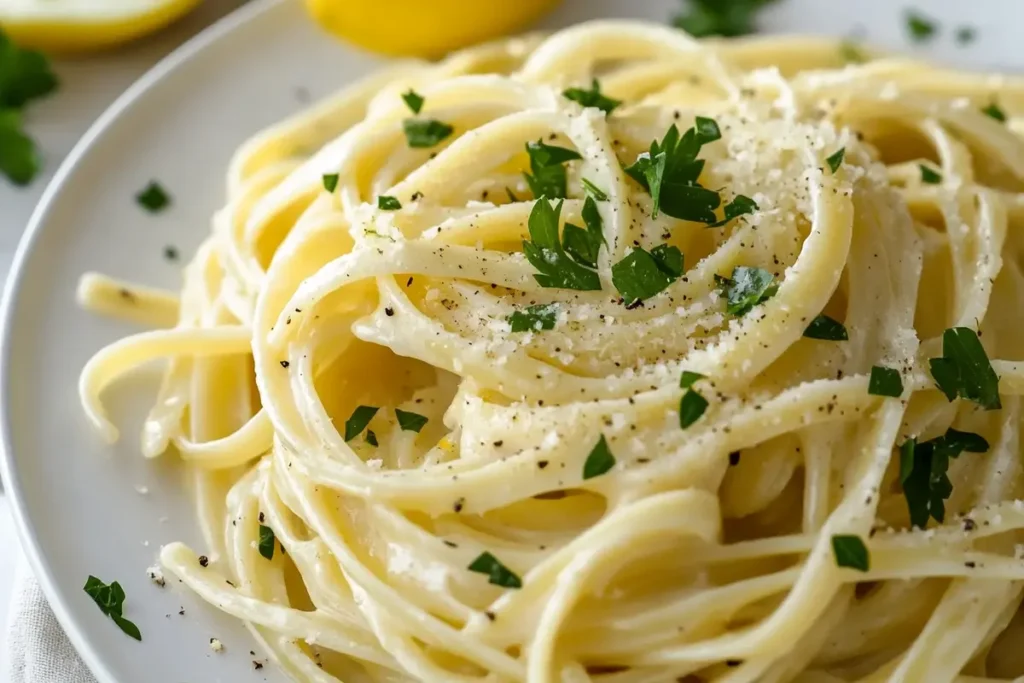 A plate of pasta tossed in creamy lemon pepper sauce, garnished with fresh parsley, highlighting the smooth, zesty sauce