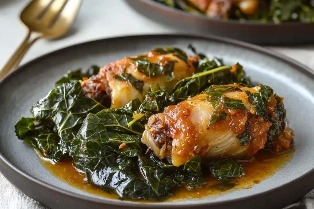 A serving of tender collard greens, a perfect Southern side dish to complement smothered turkey wings.