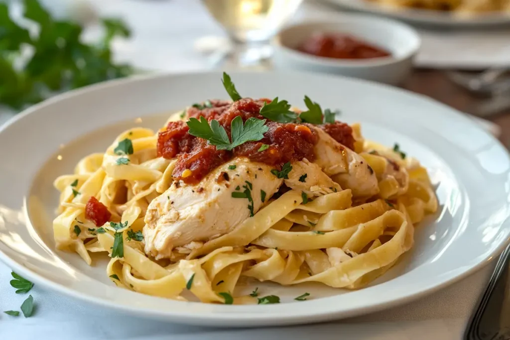 A plate of fettuccine pasta topped with tender chicken breast, rich marinara sauce, and garnished with fresh parsley, served on a white plate.