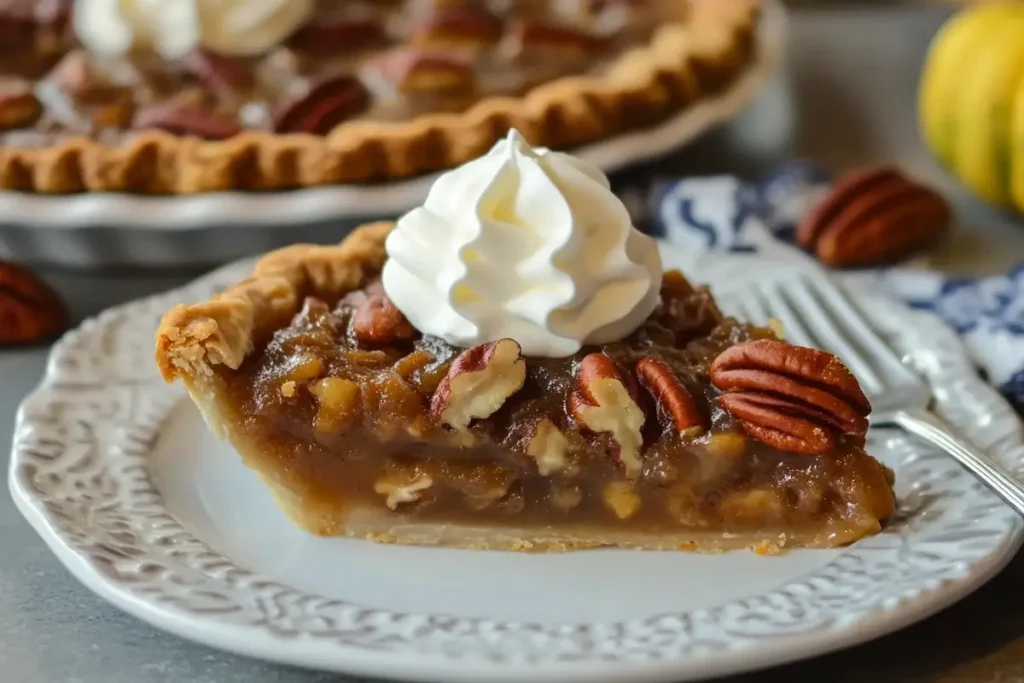 A delicious slice of warm pecan pie, topped with whipped cream, the perfect dessert to end a meal of smothered turkey wings