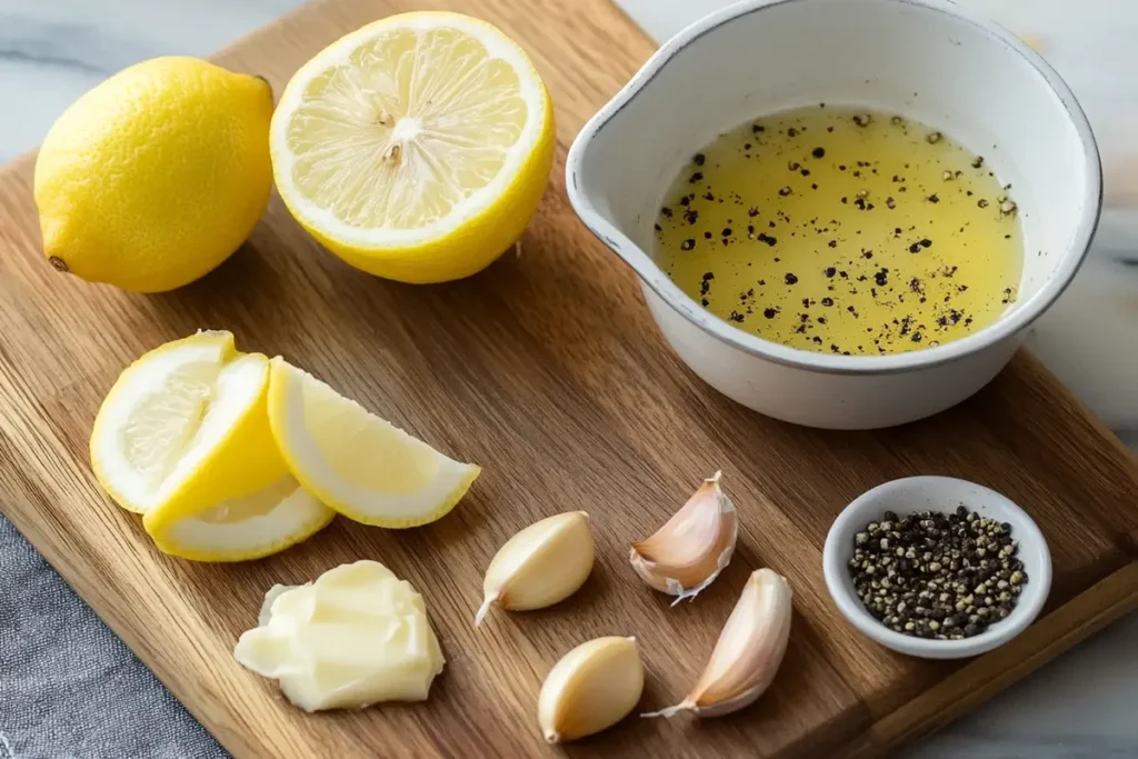 Freshly zested lemon, melted butter in a saucepan, cracked black pepper, and garlic cloves arranged on a cutting board