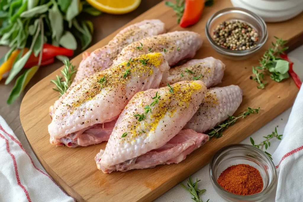 Seasoned turkey wings arranged on a wooden board with fresh herbs and spices ready for cooking smothered turkey wings.