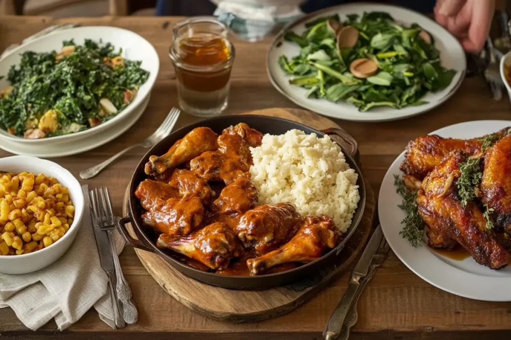 A rustic dinner table spread featuring smothered turkey wings with rice, sautéed greens, corn, and a fresh salad, accompanied by a glass of iced tea.