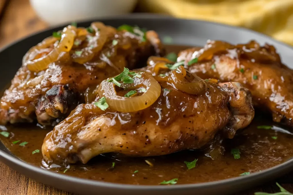 Close-up shot of tender smothered turkey wings topped with caramelized onions and served in a rich, flavorful gravy