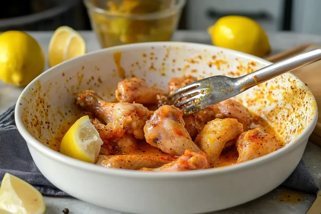 Hot chicken wings being tossed in lemon pepper sauce for even coating.