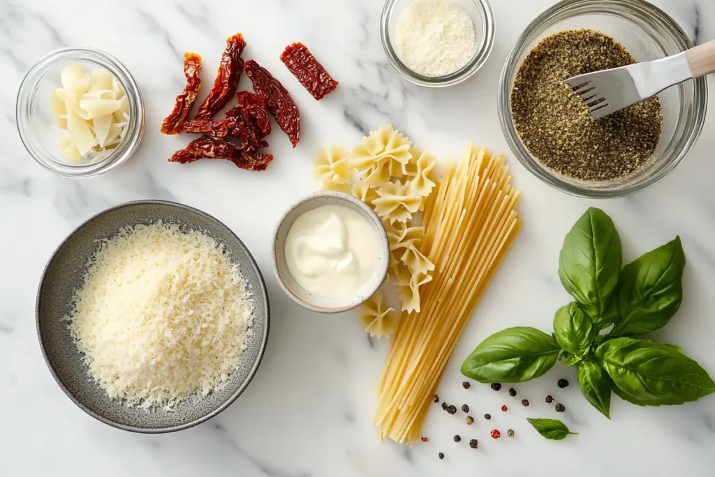 Ingredients for Marry Me Pasta arranged on a marble surface, including fresh basil, sun-dried tomatoes, grated Parmesan, cream, spices, and uncooked pasta, ready for preparation.