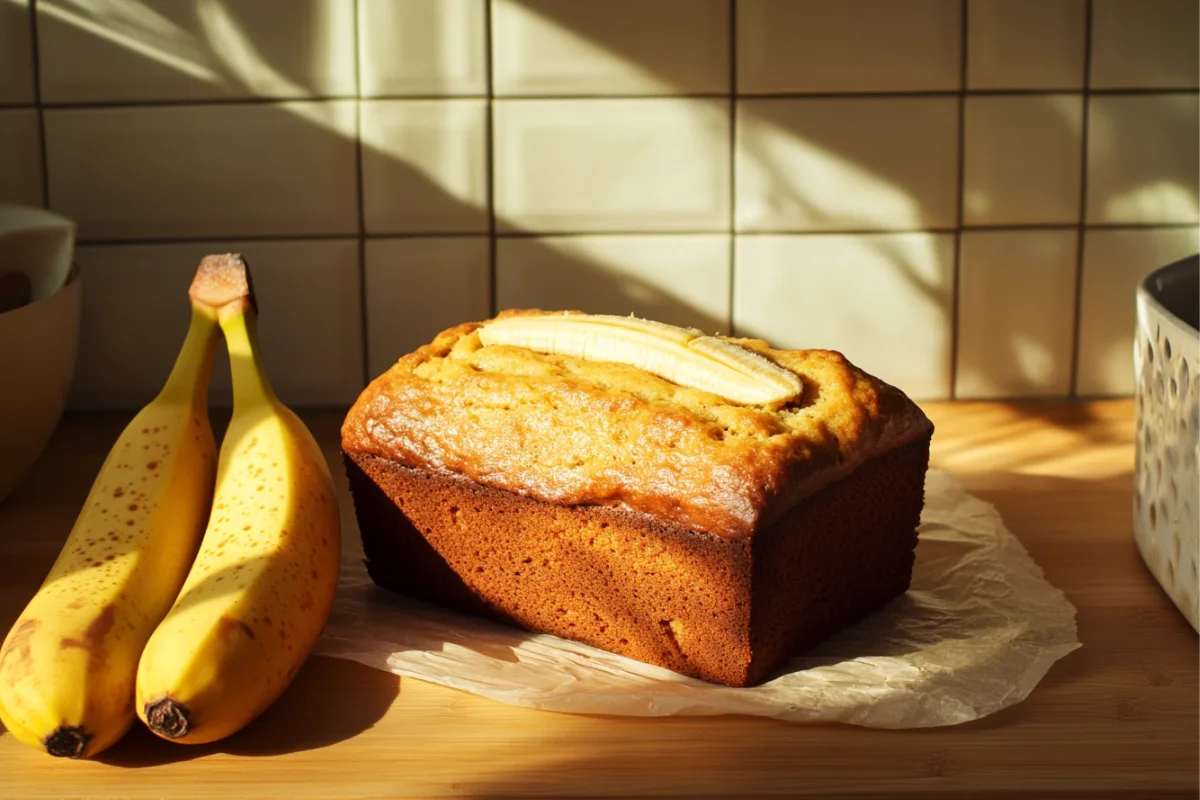 Freshly baked 3 ingredient banana bread on a wooden countertop with ripe bananas, showcasing a quick and easy homemade recipe.