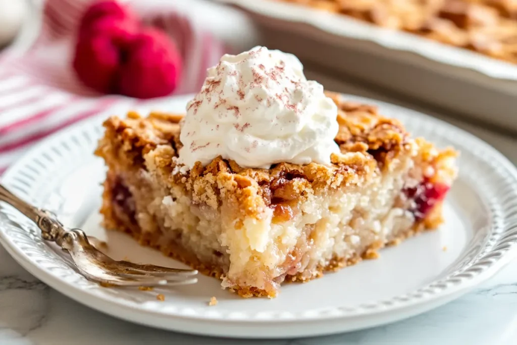 A slice of dump cake with golden layers and whipped cream on top, presented on a white plate with a casual kitchen setup in the background.