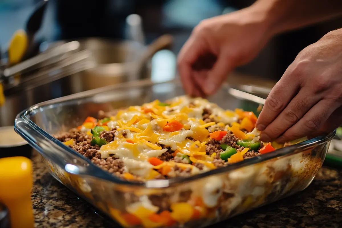 A freshly baked John Wayne casserole showing its biscuit crust, colorful veggies, and cheese, ideal for potlucks and gatherings.