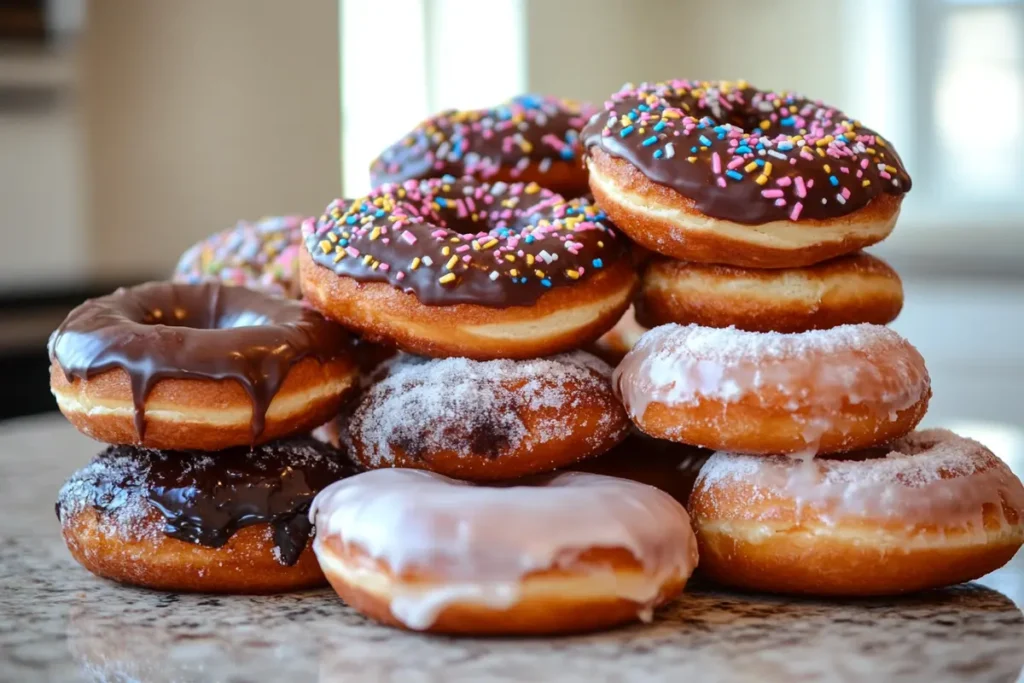 An assortment of high-calorie donuts with chocolate glaze, sprinkles, and sugary toppings, emphasizing their unhealthy ingredients.