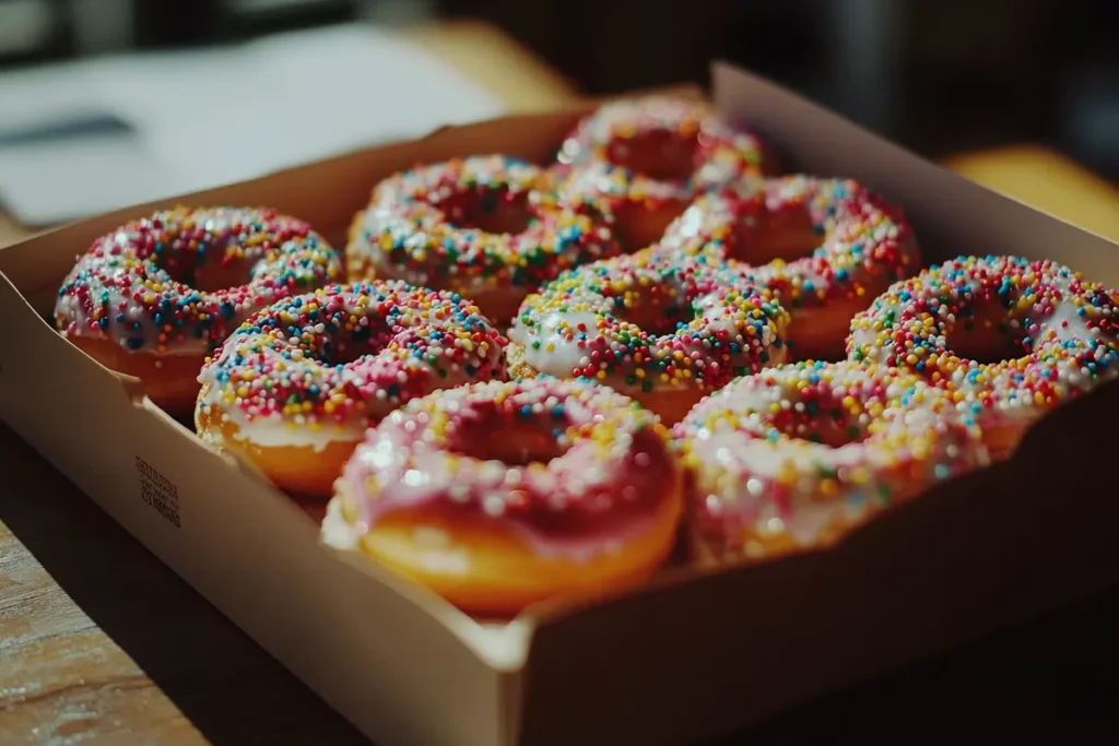 A box of colorful sprinkle doughnuts on a cafe table, featuring vibrant toppings and a casual, realistic morning light setting.