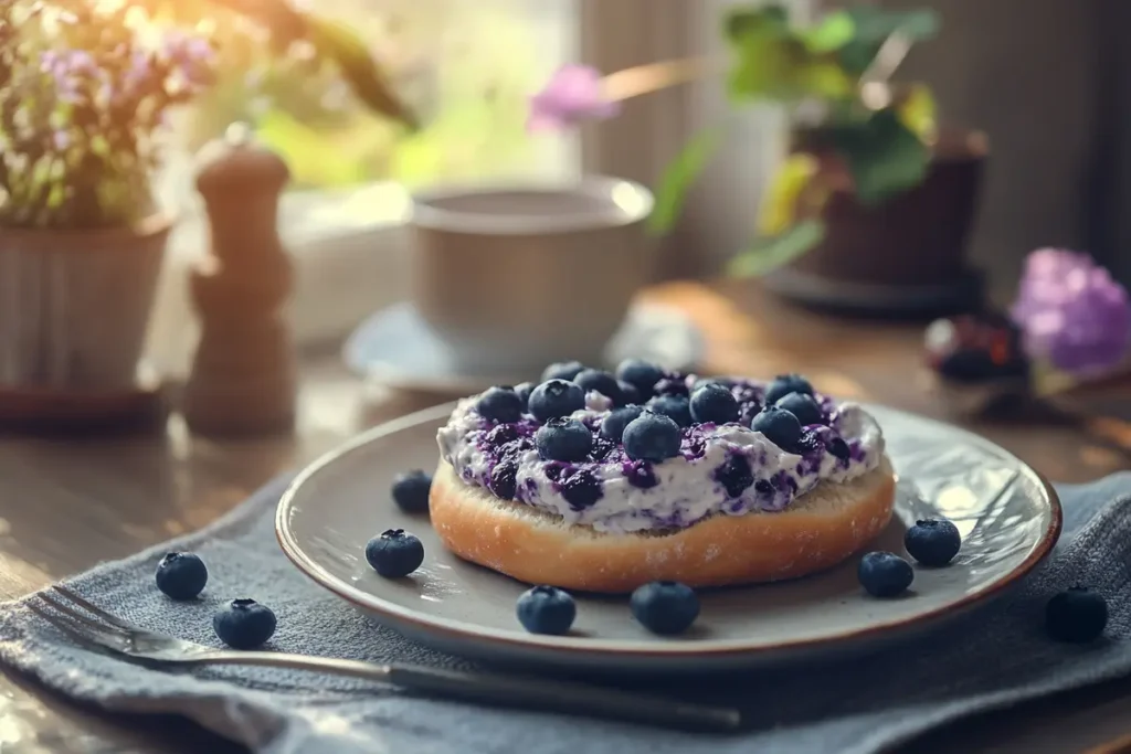 A bagel topped with blueberry cream cheese and garnished with fresh blueberries, set on a dining table in natural warm light.