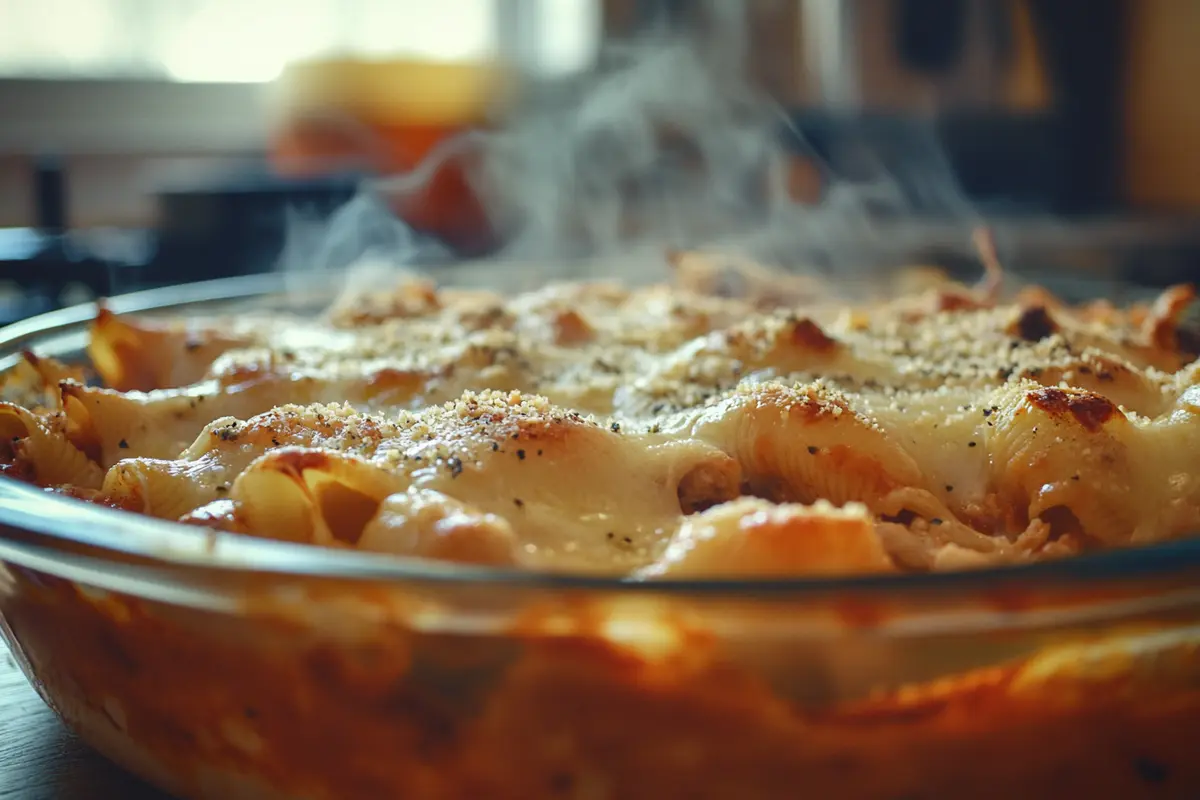 A steaming dish of baked frozen stuffed shells with golden melted cheese on a wooden counter, showing a perfectly baked result. Includes focus keyword: 'Should frozen stuffed shells be covered when baking.'