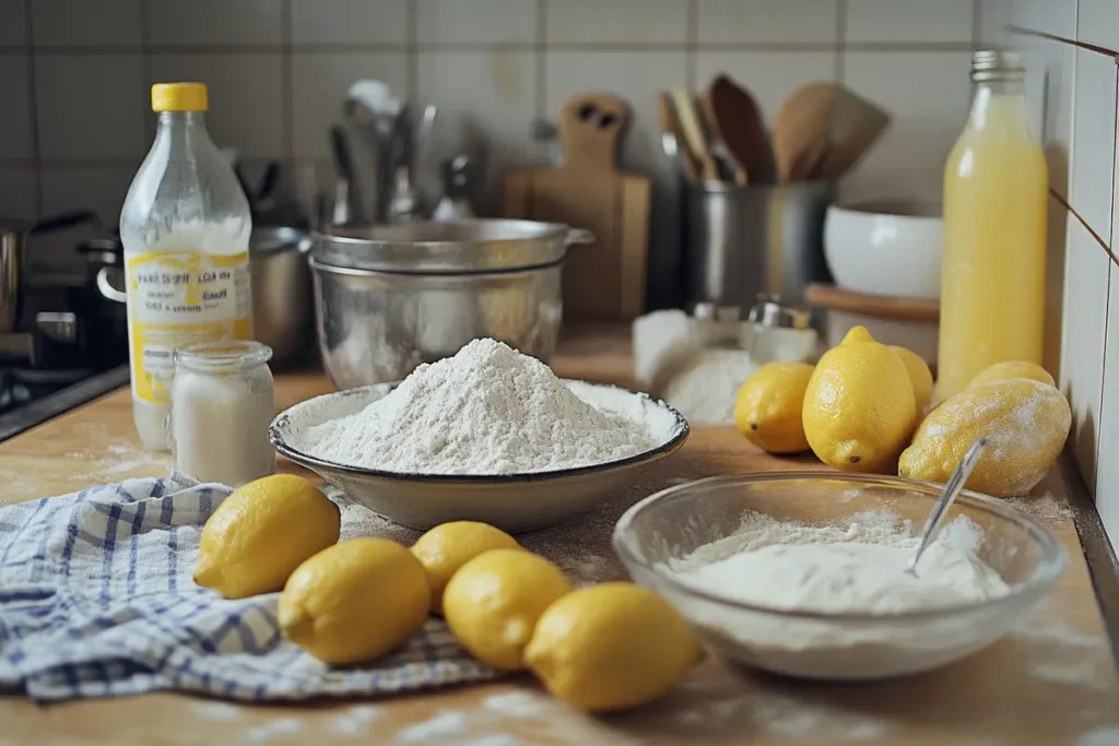 A variety of baking ingredients including fresh lemons, flour, sugar, and a bottle of lemon juice, arranged on a countertop in a cozy home kitchen.