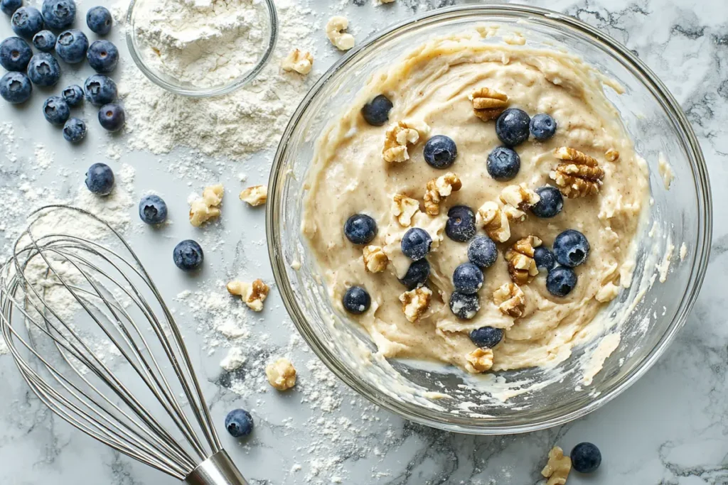 Banana bread batter in a glass bowl, mixed with fresh blueberries and walnuts, set on a kitchen counter with scattered flour and a whisk nearby for a casual, homemade vibe.