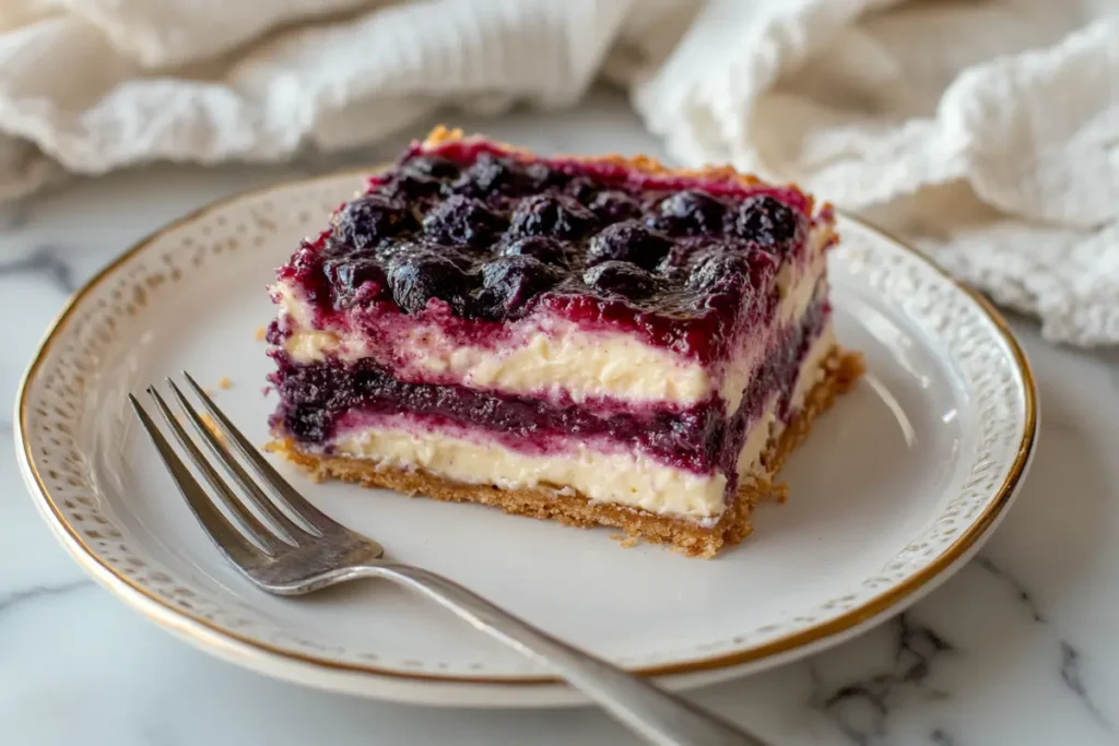 A plate of delicious blueberry cream cheese bars with a golden crust, creamy filling, and blueberry topping, perfect for dessert ideas.