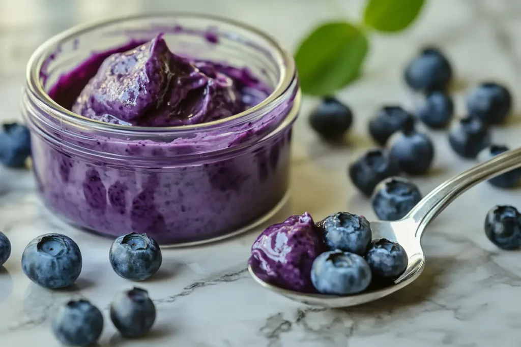 A container of blueberry cream cheese with a spoon dipped into it, showcasing its texture and color under natural daylight.