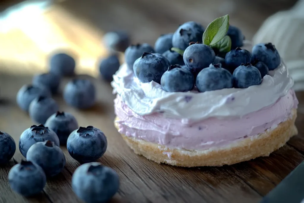 A close-up of blueberry cream cheese on a wooden table, accompanied by fresh blueberries, illustrating the topic: Does blueberry cream cheese have sugar.