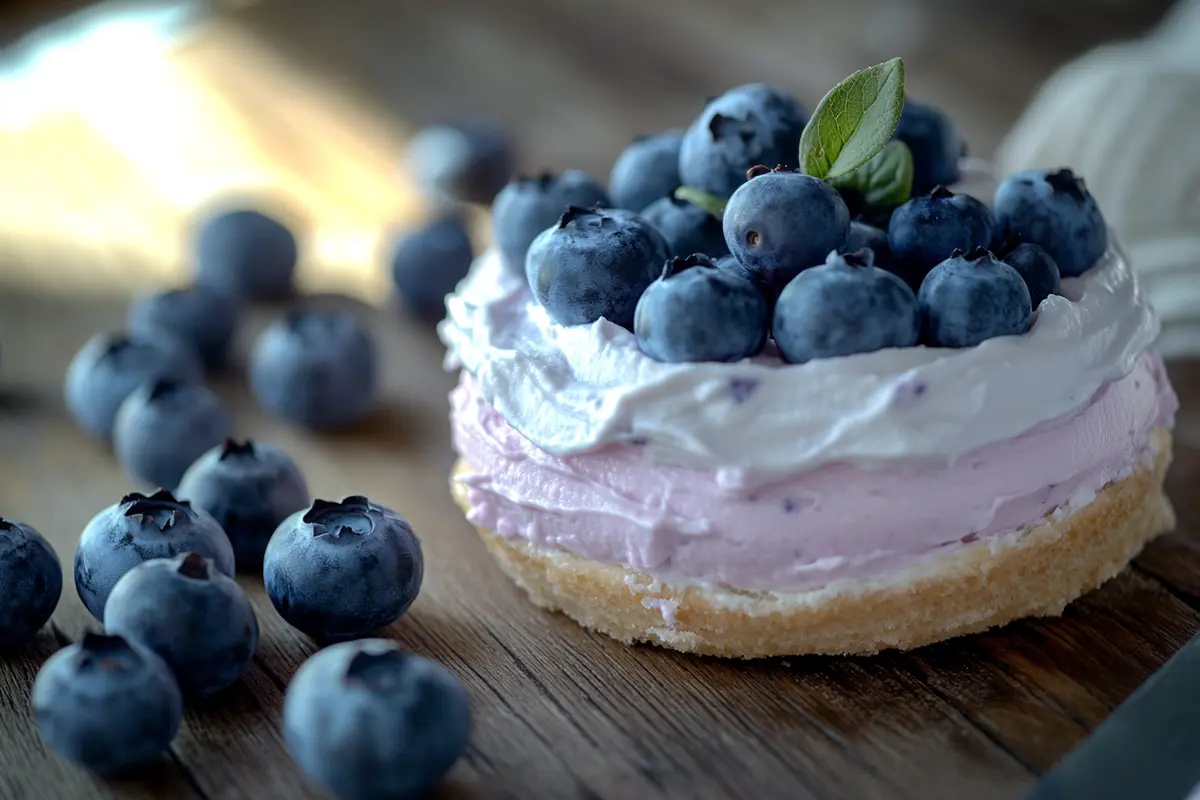 A close-up of blueberry cream cheese on a wooden table, accompanied by fresh blueberries, illustrating the topic: Does blueberry cream cheese have sugar.