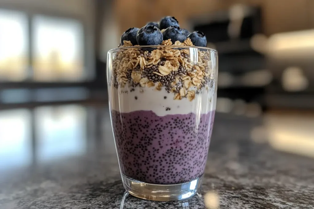 A blueberry yogurt parfait with granola and chia seeds in a clear glass, placed on a kitchen countertop with warm, inviting natural lighting.  