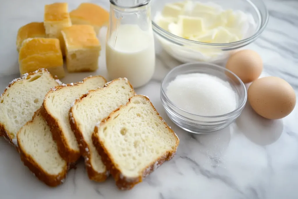 A display of core ingredients for bread pudding: milk, sugar, eggs, bread, and vanilla extract, on a marble countertop.