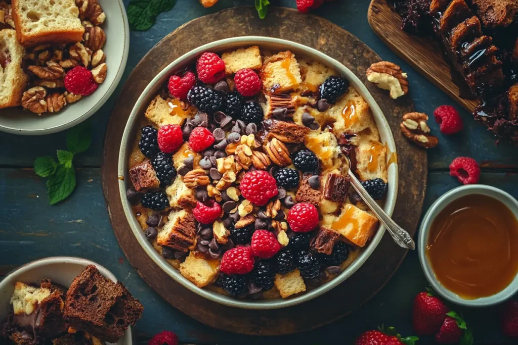 Toppings and add-ins for bread pudding, including berries, chocolate chips, nuts, and caramel sauce, arranged on a vibrant surface.