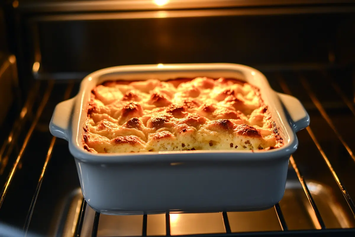 A baked bread and butter pudding in a ceramic dish, golden-brown with a soft custard base. Showcases baked pudding varieties.