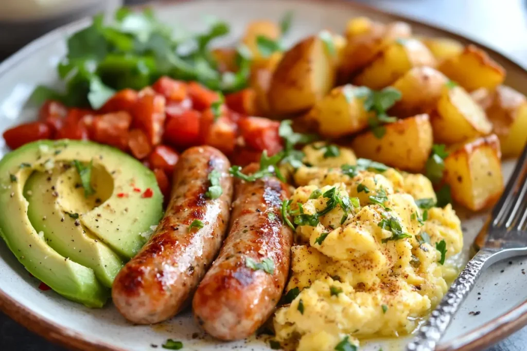 A complete breakfast meal featuring Costco chicken breakfast sausages, scrambled eggs, roasted potatoes, and avocado slices on a ceramic plate.