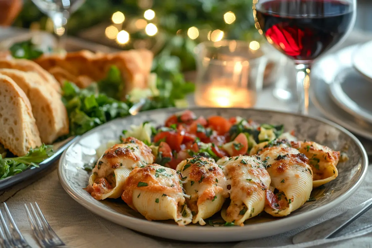 A plate of chicken stuffed shells served with garlic bread, a crisp garden salad, and a glass of red wine, styled on a cozy dinner table.